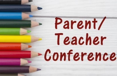 A row of colored pencils along the left side of the image point to the words Parent/Teacher Conference