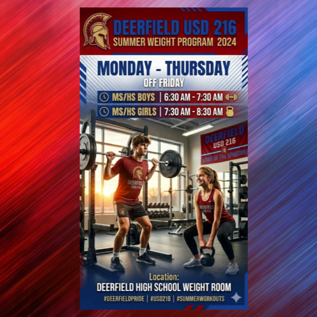 Summer weights, monday - Thursday 6:30 - 8:30 am Location DHS weight room, picture is a boy and girl lifting weights