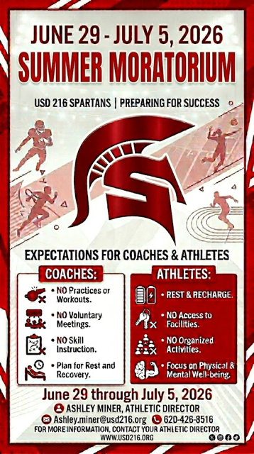 A vertically designed poster in the school colors of red, white, and black announces a Summer Moratorium for USD 216 Spartans. At the top, large bold text reads:  "June 29 – July 5, 2026" "SUMMER MORATORIUM"  Below, smaller text states: "USD 216 Spartans | Preparing for Success."  The center of the poster features a large red Spartan helmet logo. Around the logo are faded action silhouettes of athletes participating in different sports, including football, track, volleyball, and throwing events, set against geometric red and white background graphics.  The bottom half is titled "Expectations for Coaches & Athletes" and is divided into two columns:  Coaches:  No practices or workouts. No voluntary meetings. No skill instruction. Plan for rest and recovery.  Athletes:  Rest and recharge. No access to facilities. No organized activities. Focus on physical and mental well-being.  Each expectation is paired with a simple icon, such as sports equipment, a clipboard, athletes, or a brain symbol.  At the bottom, the poster repeats the moratorium dates:  "June 29 through July 5, 2026"  Below that, it lists the Athletic Director's contact information:  Ashley Miner, Athletic Director Ashley.Miner@usd216.org 620-426-8516  The website www.usd216.org appears at the very bottom, along with small social media icons. The overall design uses bold red accents, white backgrounds, and black text to create a clean, athletic-themed announcement.