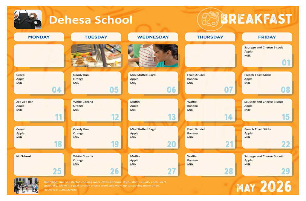 May Breakfast Menu can be found at dehesasd.net