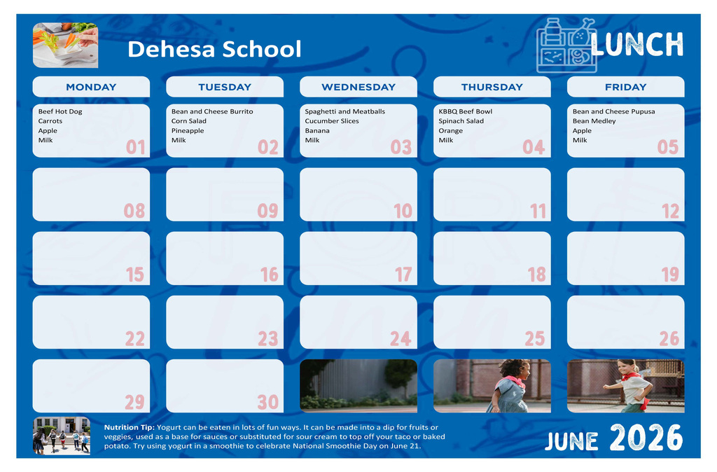 June Lunch Menu, pdf version can be found on the school website.