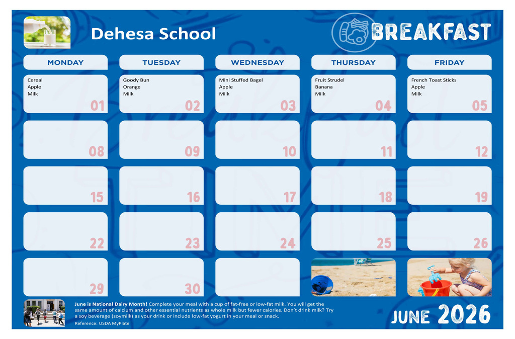 June Breakfast Menu, pdf version can be found on the school website.
