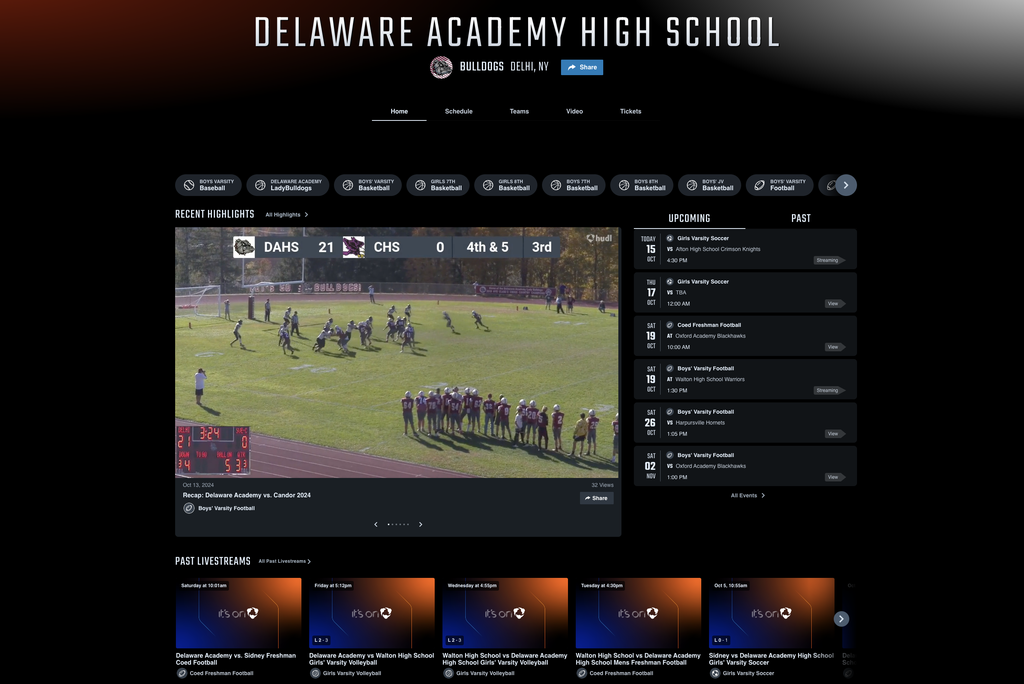 Screen shot of Hudl page for Delaware Academy High School