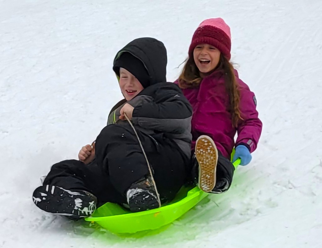 2 children sledding