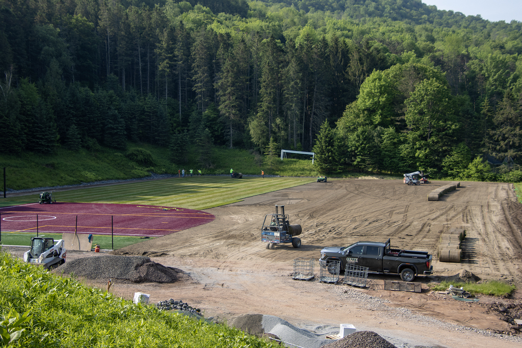 view of softball field getting turf installed