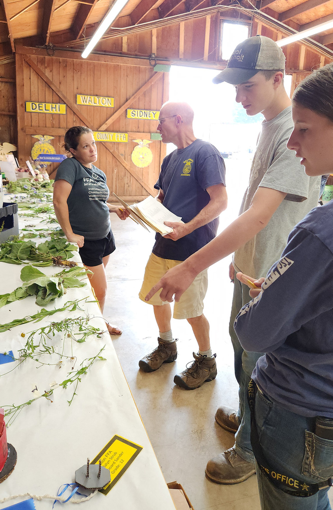Mrs. Somers listens to Mr. Kline as two students look at weeds