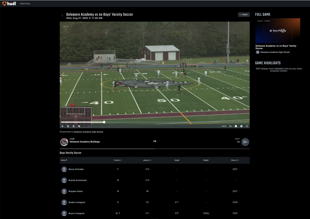 Hudl screenshot of DA Boys Varsity Soccer broadcast