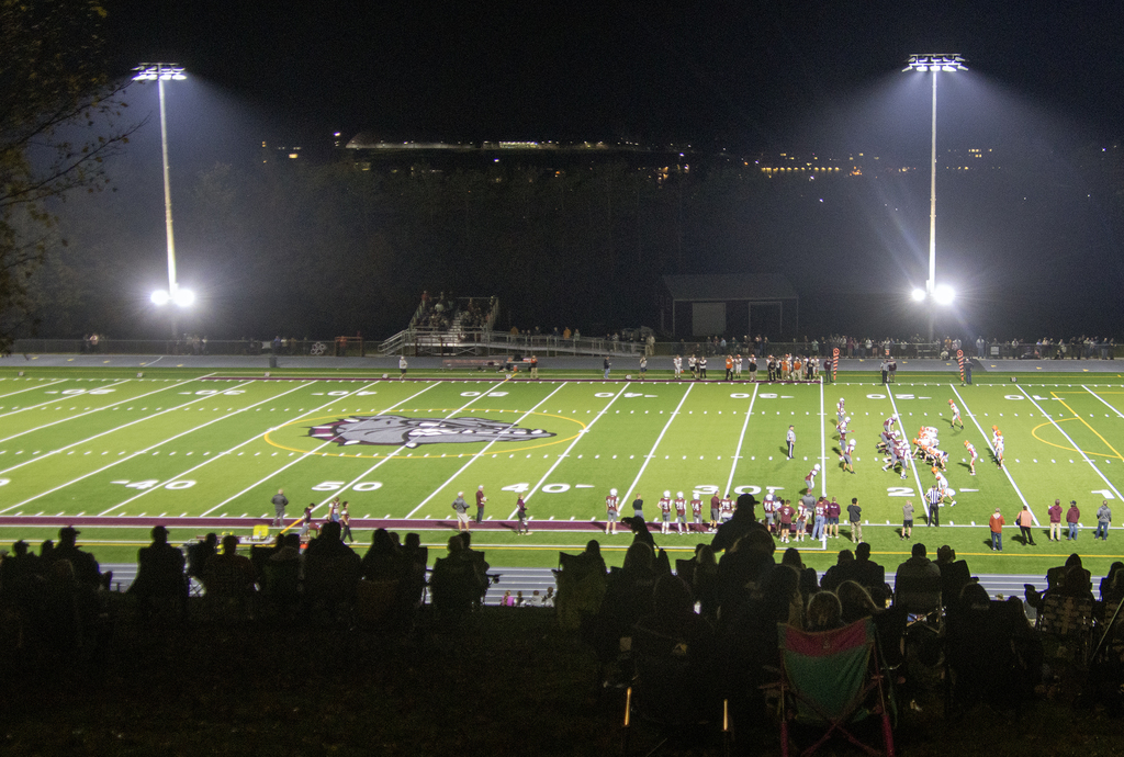 view of football field at night