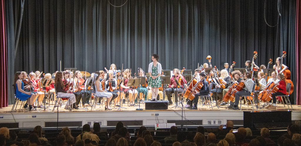 orchestra on stage, conductor facing audience