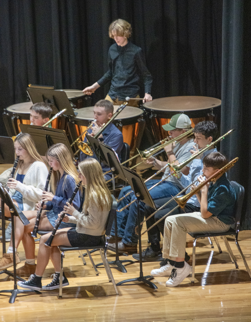 clarinets, brass and tympani player playing on stage