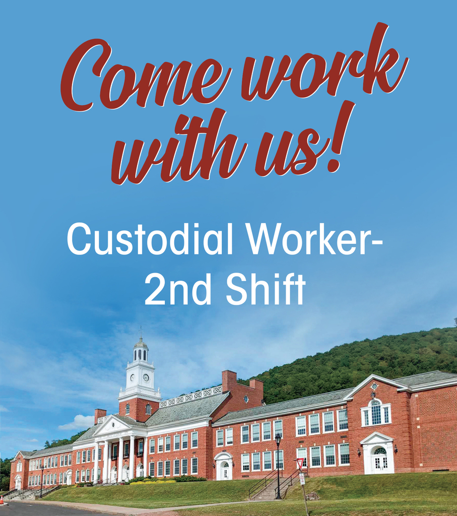 Come work with us! custodial worker- 2nd shift; imge of Delaware Academy against a blue sky