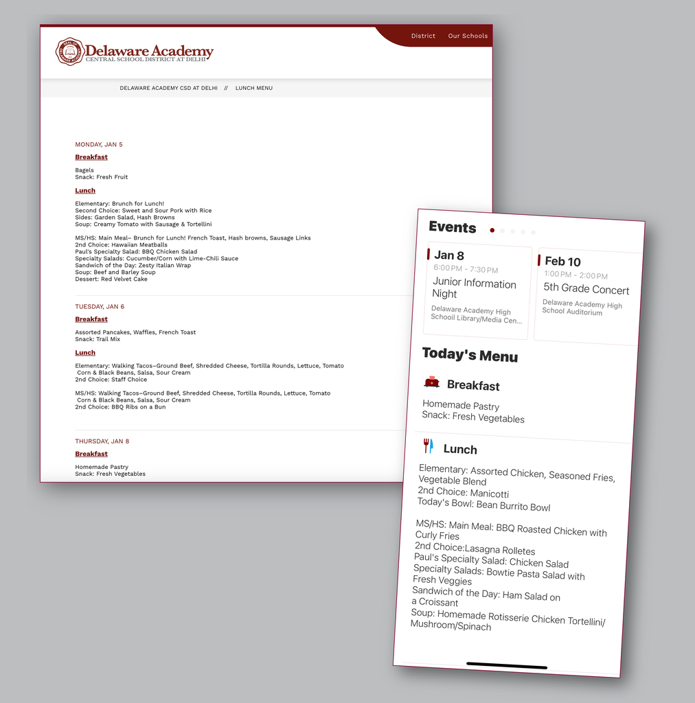 image contains two screen shots, one of the Delaware Academy Daily Menu webpage, and one of the Delaware Academy CSD app page. They are decorative images, and not provided to be read.