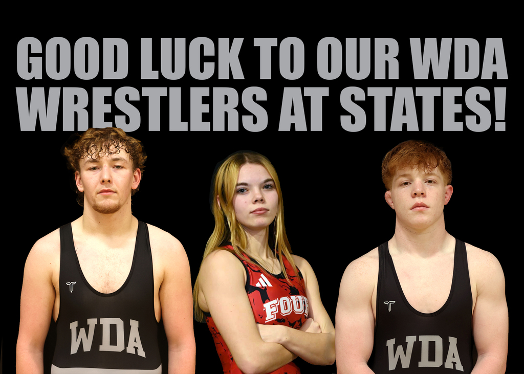 Good luck to our WDA states wrestlers at states! Photo shows two boys and a girl in wrestling singlets