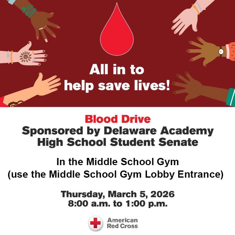 All in to help save lives! Blood Drive Sponsored by Delaware County Student Senate Thursday, March 5, 2026 8 am to 1 pm