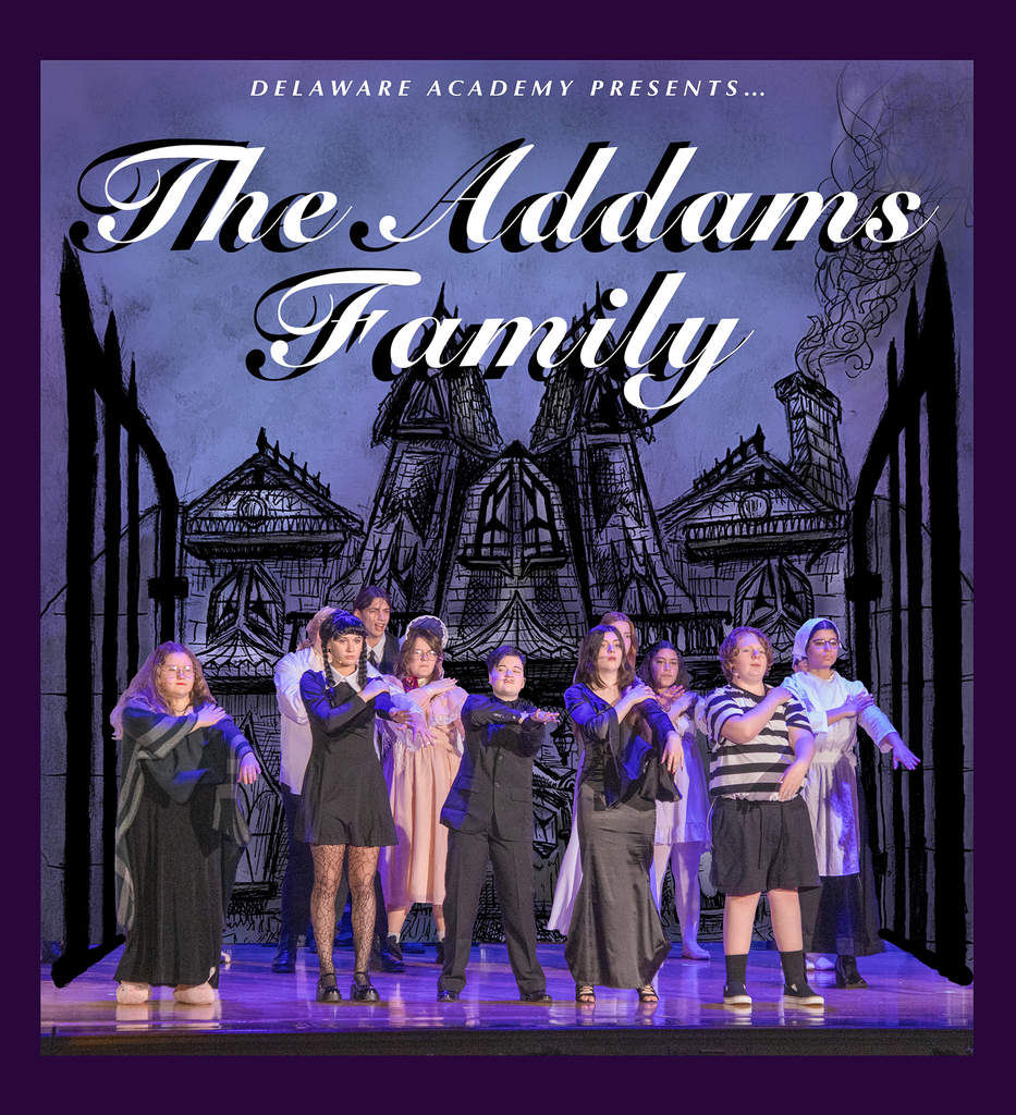 Delaware Academy presents The Addams Family; cast is shown with poster background
