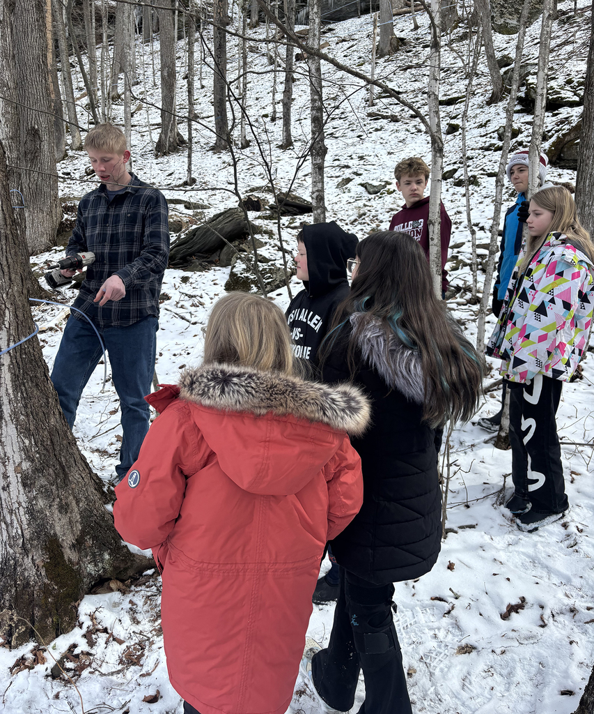 FFA member explains sap line and tree tap to 5th grade students