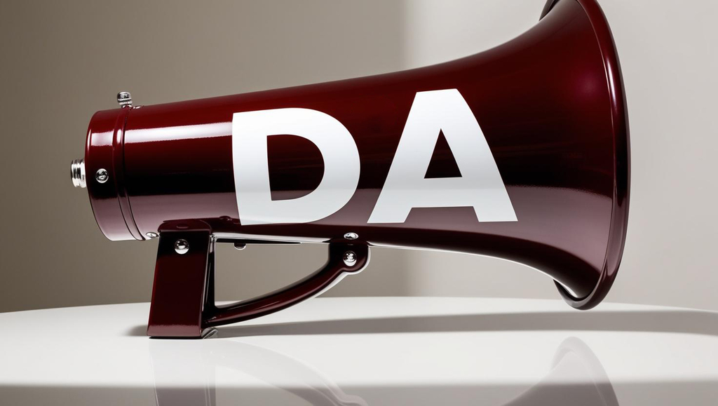 maroon megaphone with "DA" on it