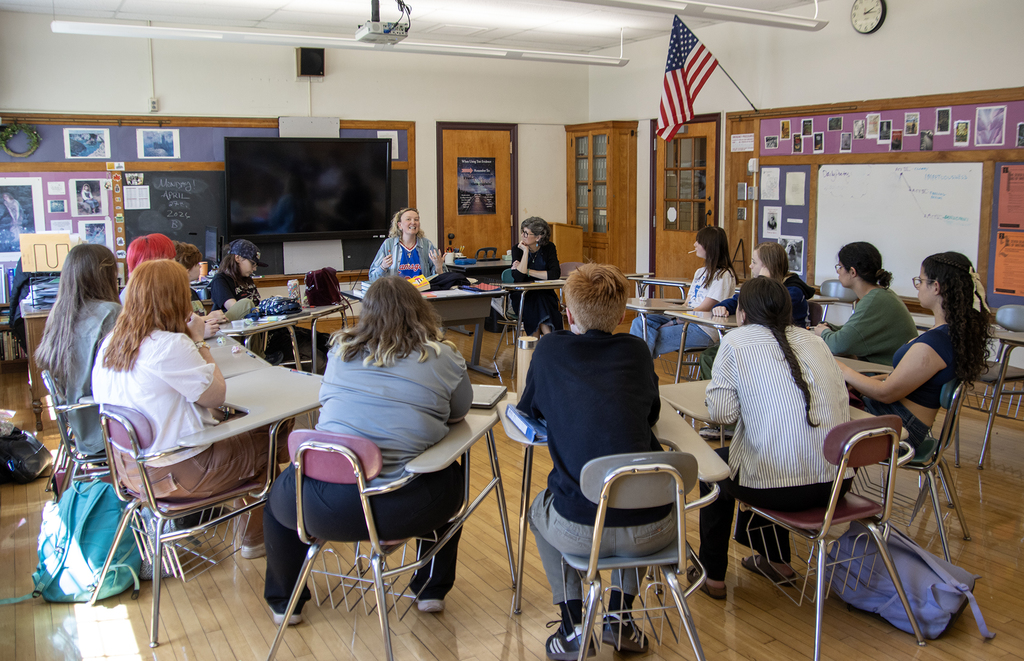 Writer Rosa Rankin-Gee speaks with students