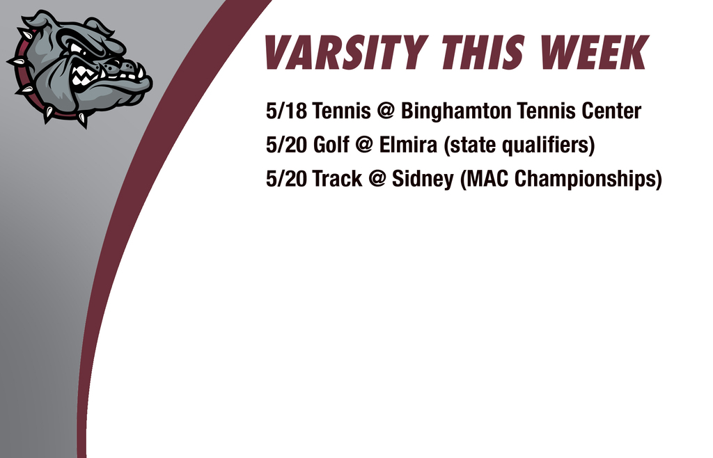 Varsity This Week: 5/18 Tennis @ Binghamton Tennis Center 5/20 Golf @ Elmira (state qualifiers)  5/20 Track @ Sidney (MAC Championships)
