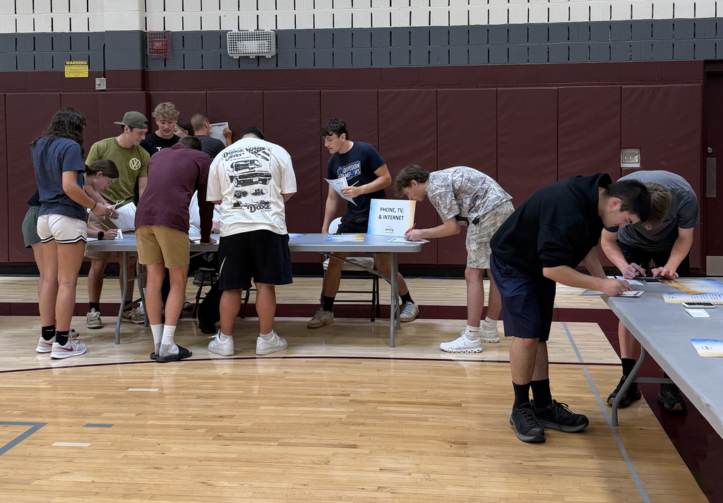 students gathered around tables