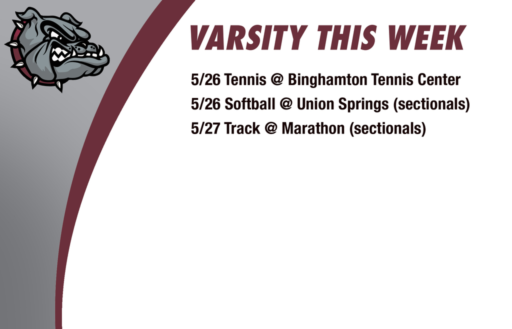 Varsity this week: 5/26 Tennis @ Binghamton Tennis Center 5/26 Softball @ Union Springs (sectionals) 5/27 Track @ Marathon (sectionals)