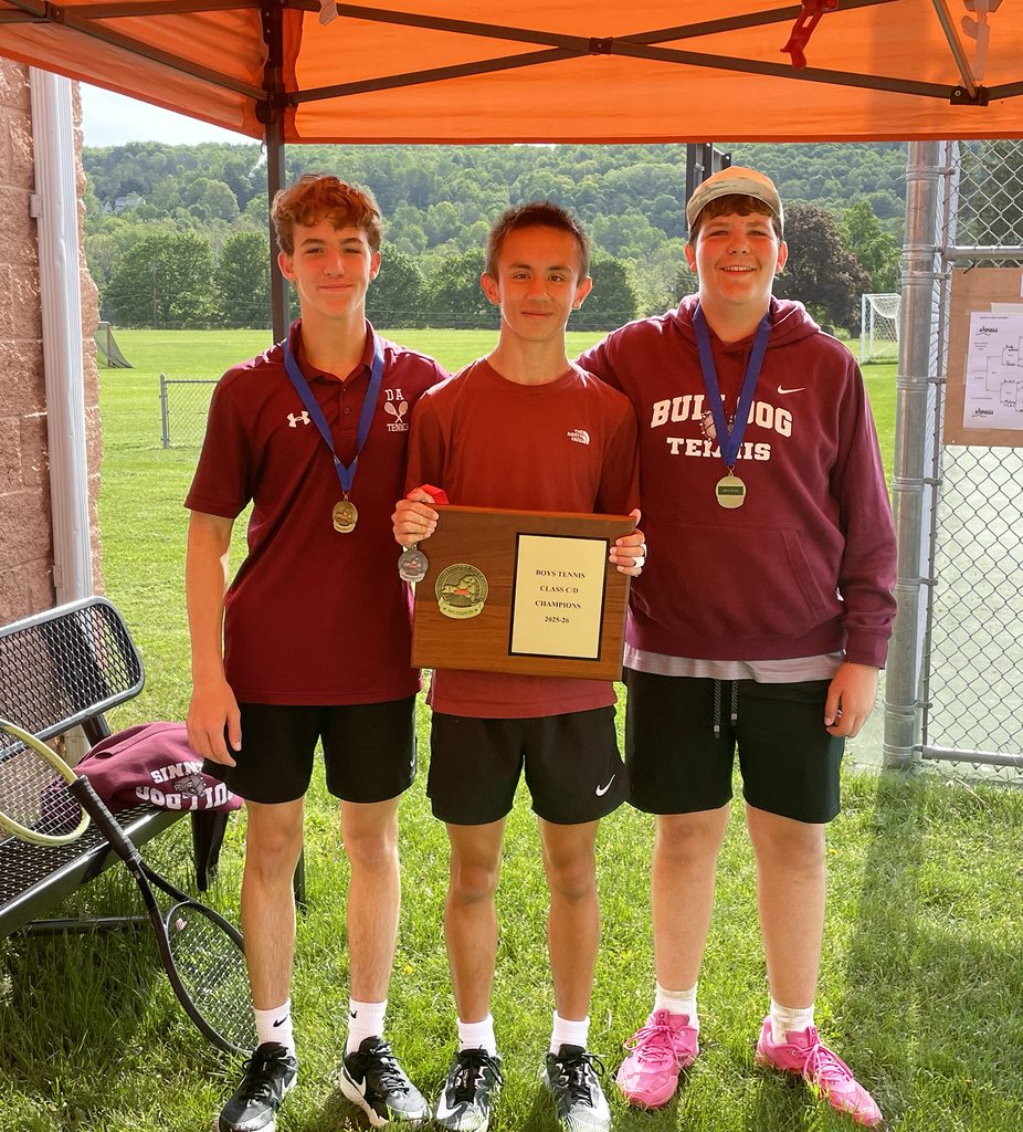 3 boys pose with their Section IV Class C/D boys tennis title plaque