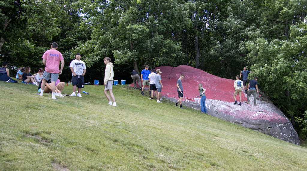seniors working on the rock painting project
