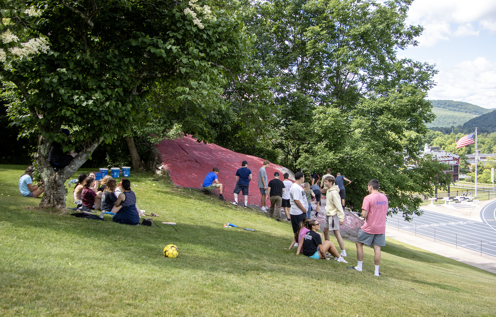seniors working on the rock painting project