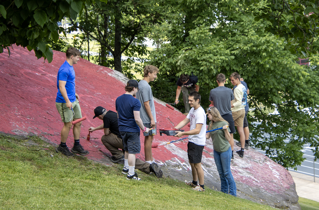 seniors working on the rock painting project