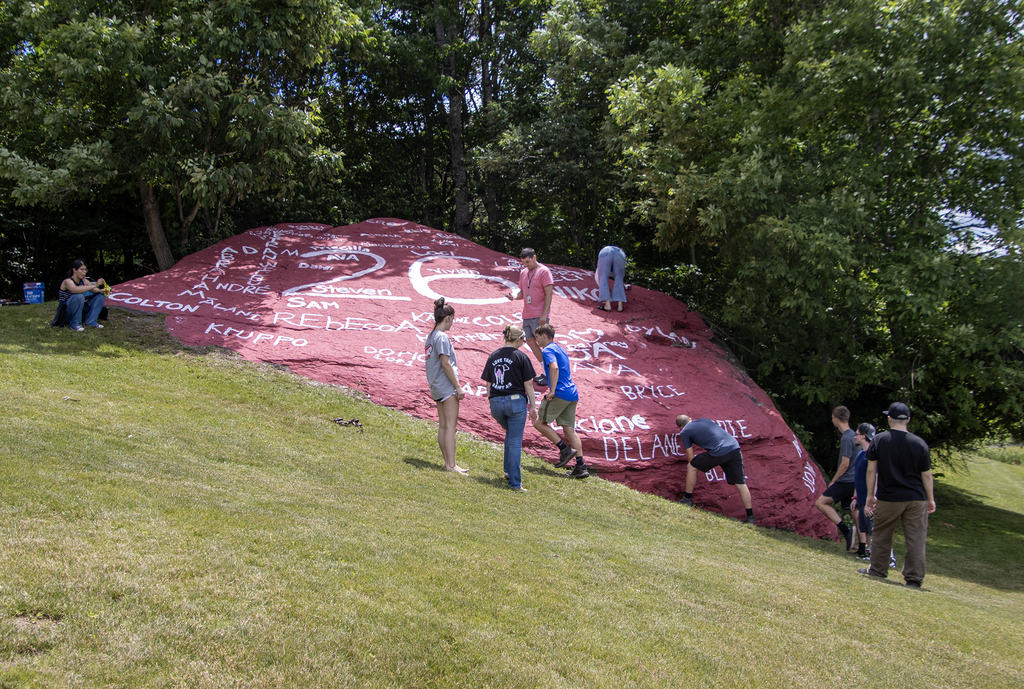 seniors working on the rock painting project