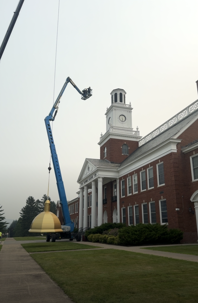 dome being moved by crane; workers in lift moveing toward tower