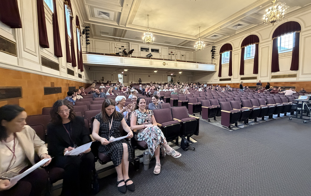 administrators, teachers and staff in the auditorium