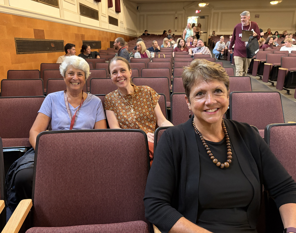 Board of Educatiom members Lucy Kelly, Lauren Raba and president Tammy Neumann in the auditorium