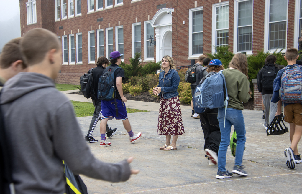 Ms. Trask welcomes students back to the high school