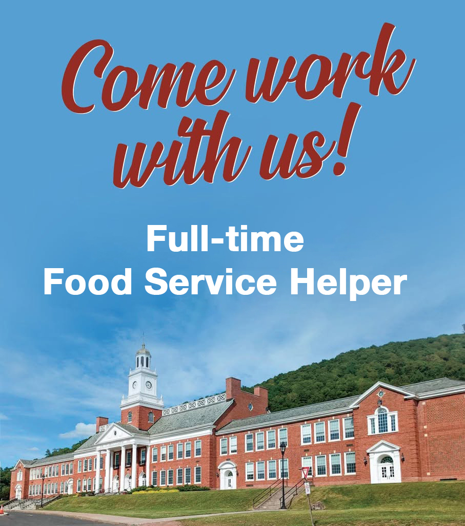 Come Work with Us! Full-time Food Service Helper. Image of high school and blue sky in background