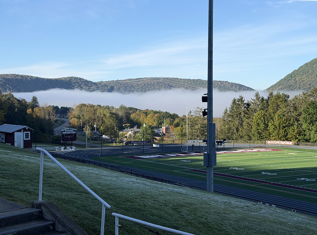 view of fog in the vally, frost on the hill, overlooking Dave Kelly Field.