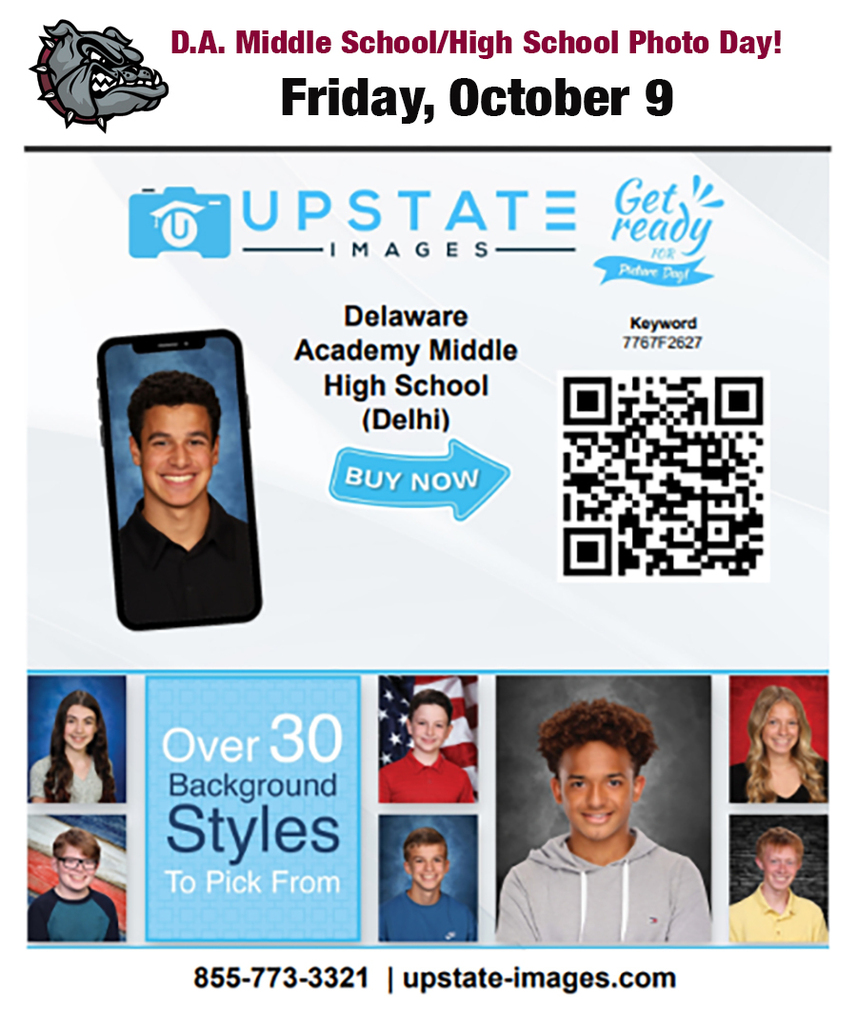 D.A.Middle School/High School Photo Day, Friday, October 9. Upstate Images: Buy Now! Image of an arrow and a QR code, sample student photos used as decorative images. Over 30 background styles to pick from! 773-3321; upstate-images.com