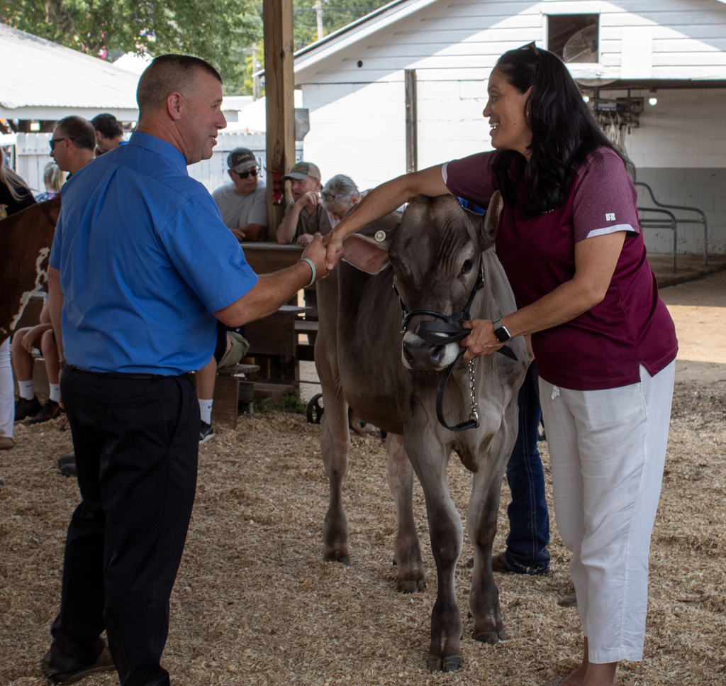 judge shakes hands with principal showing cow