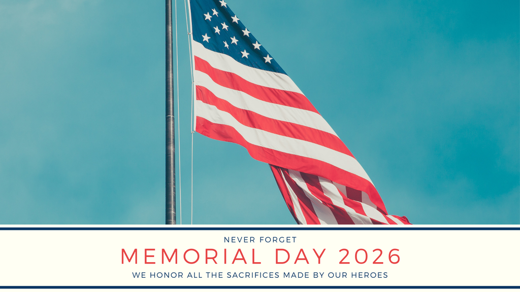 American flag waving against blue sky with "Never Forget Memorial Day 2026" text on image.