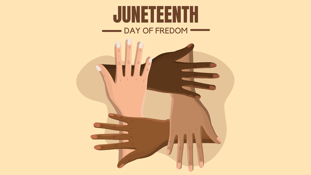 Juneteeth graphic showing multiple hands of different races forming a square. 