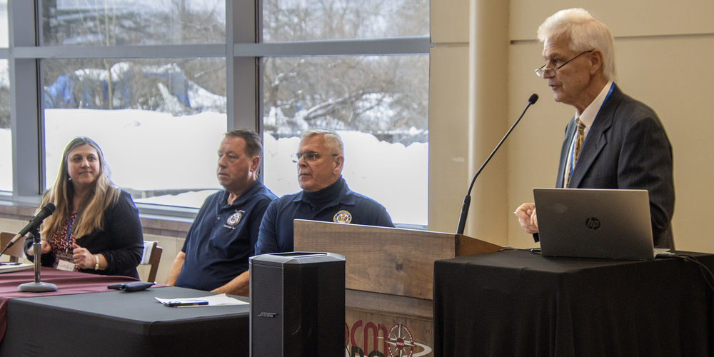 DCMO BOCES Board of Education member John Klockowski introduces the three legislative speakers at Saturday’s event, Faith Vavra from Congressman Josh Riley’s office, and New York State Assemblymen Christopher Tague and Joe Angelino. 