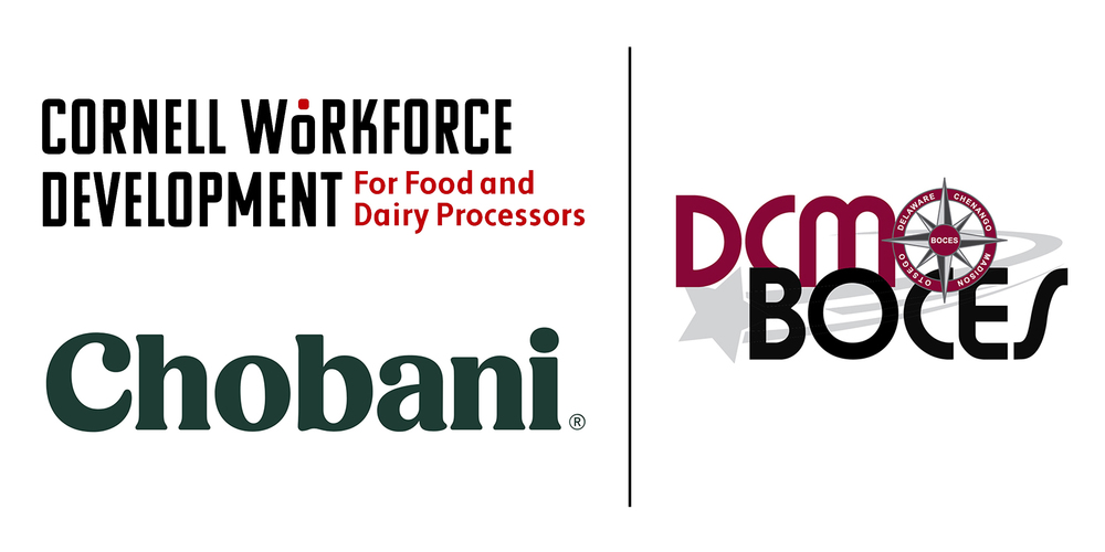 3 logos: Cornell Workforce Development for Food and Dairy Processors, Chobani, and DCMO BOCES