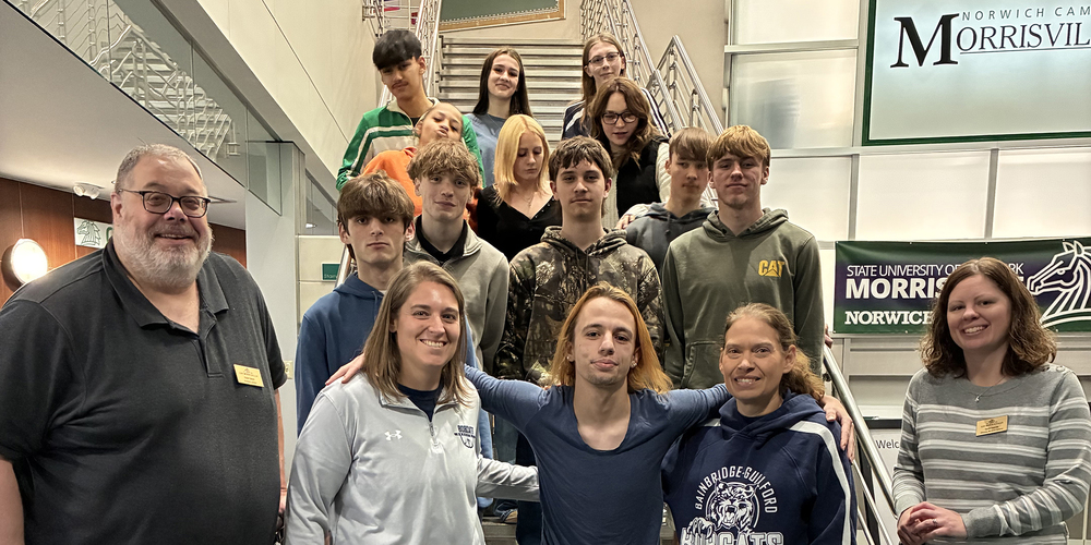 group of Bainbridge-Guilford students with Workforce Essentials staff at SUNY Morrisville Norwich campus