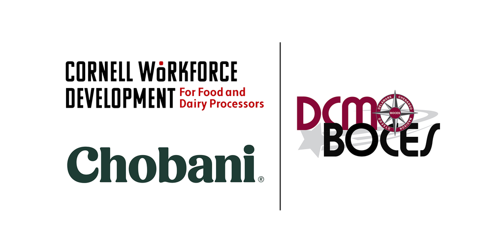 3 logos: Cornell Workforce Development for Food and Dairy Processors, Chobani and DCMO BOCES
