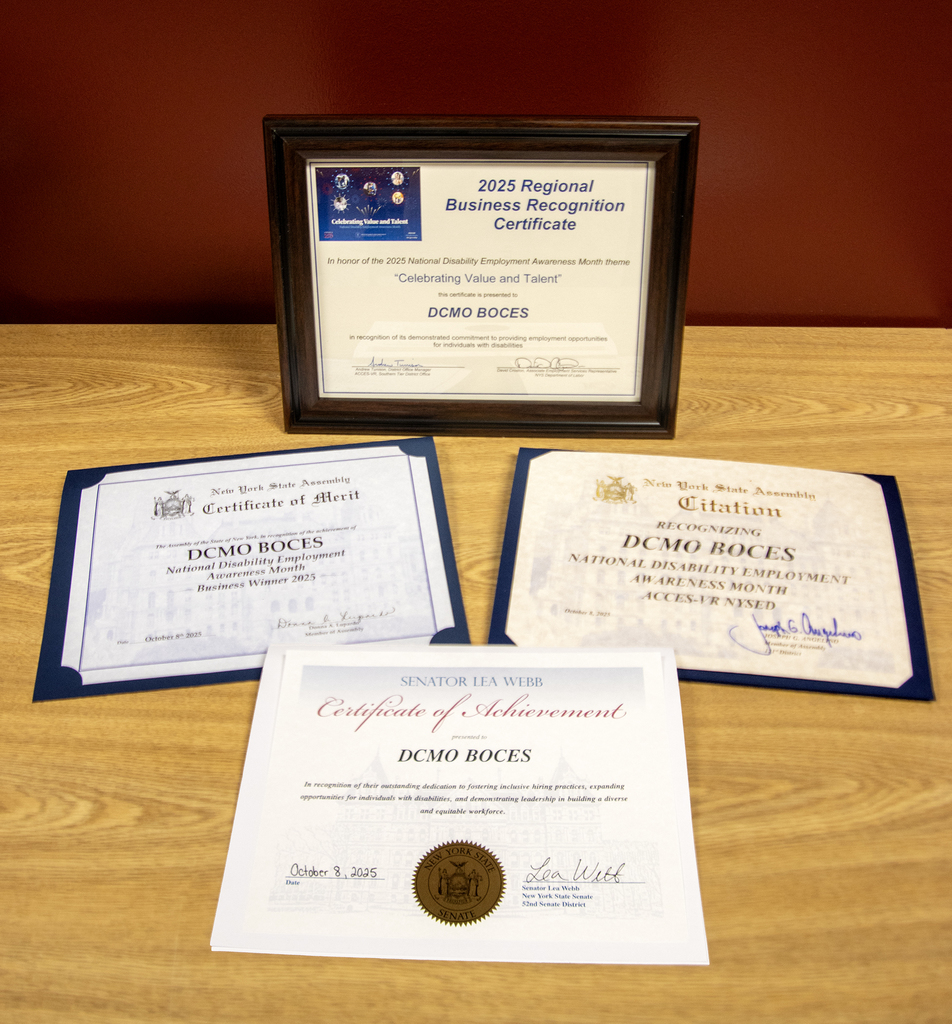 framed disability employement award and three related certificates