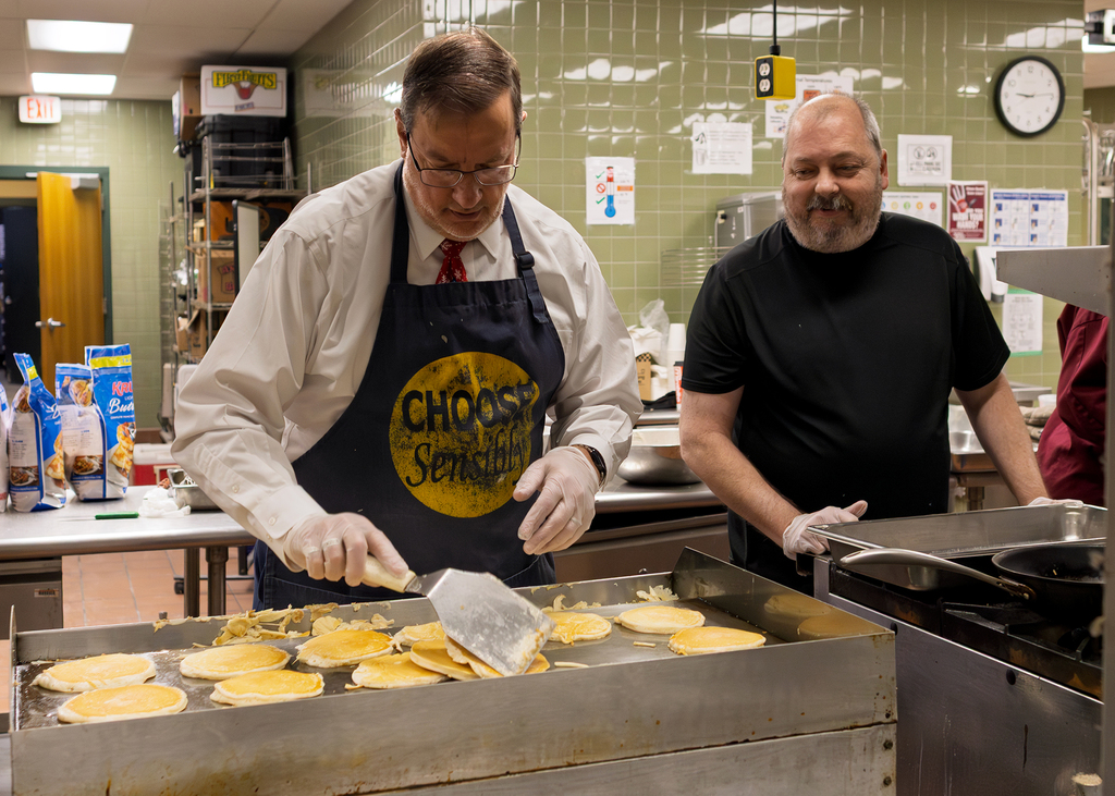 bob Avery and eric at the pancake griddle