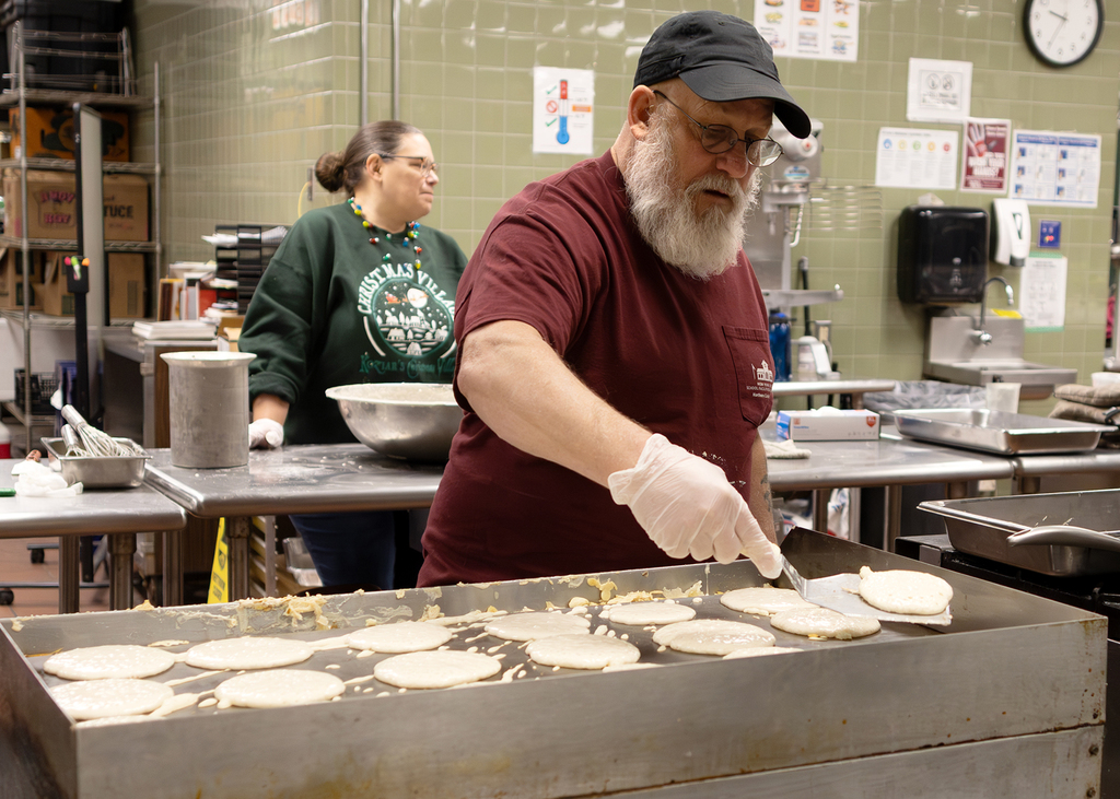 tom Fargo at the pancake griddle