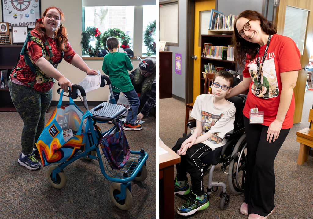 students with walker smiles in one photos, student in wheelchair poses with staff in the other photo