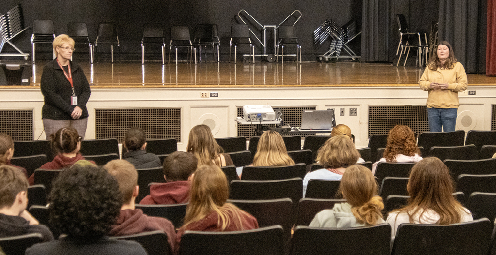 2 DCMO BOCES Career counselors speak to students in an auditorium