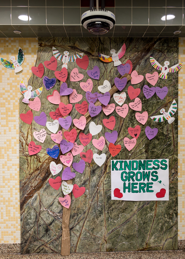 KindnessTree - "kindness Grows Here" sign, tree covered with hearts that have things written on them